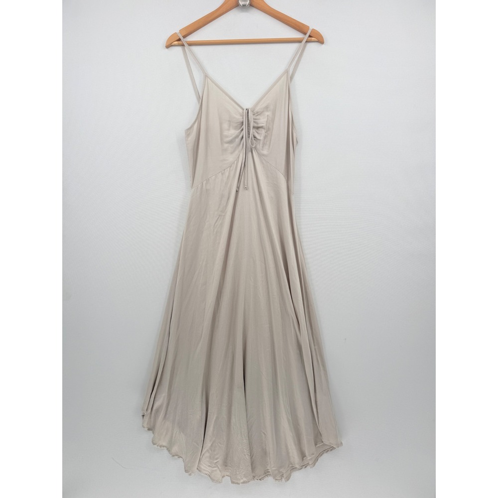 Final Touch Ruched Midi Dress Womens Large Beige Smocked Back Boho Cottagecore